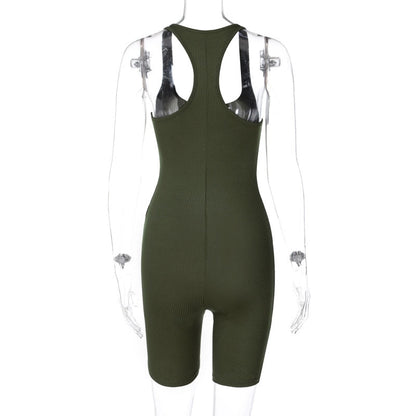 Damen-Bodycon-Jumpsuit, ärmellos, olivgrün, gerippt, sportlich, Freizeitmode, Rückansicht.