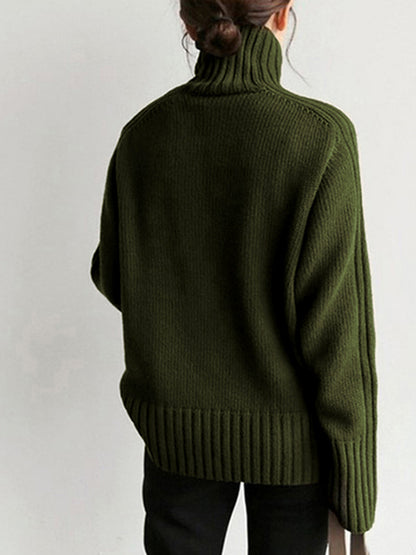 Dunkelgrüner Rollkragenpullover Damen, Strick, warm, modisch, Herbst-Winter-Bekleidung.
