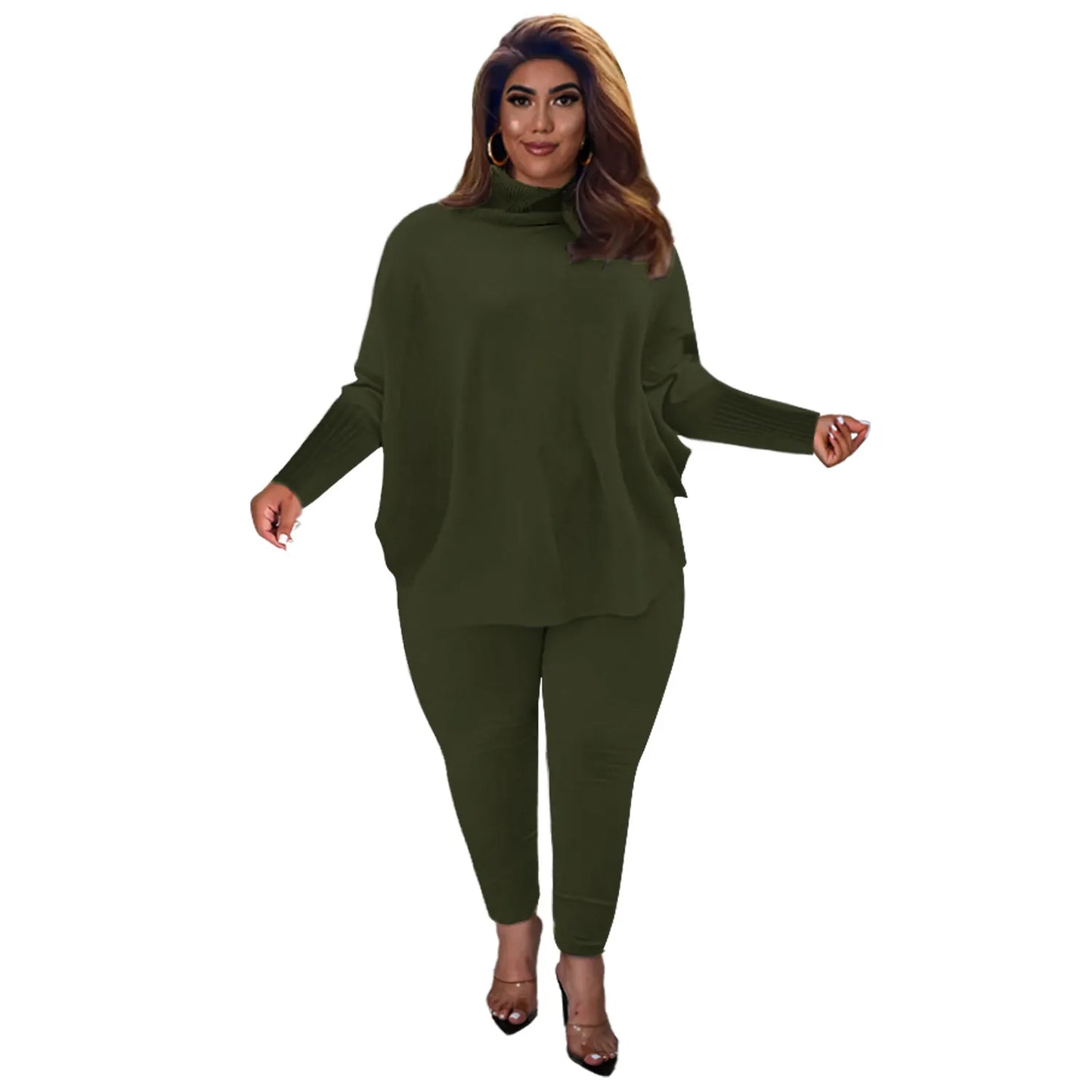 Damen Zweiteiler Set, olivgrün, Strick, Pullover und Hose, Plus Size, modisch, bequem