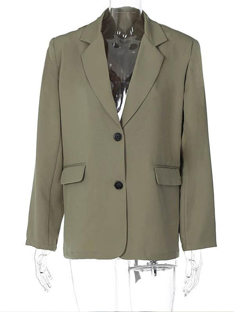 Olivgrüner Damenblazer, Zweiknopf, klassischer Schnitt, elegantes Design, Businessmode.