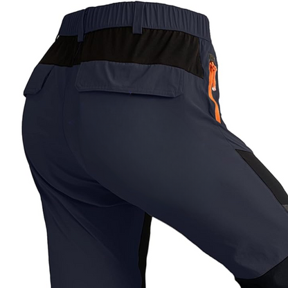 Dunkelblaue Herren-Outdoorhose mit orangefarbenem Reißverschluss, wasserabweisend, atmungsaktiv.