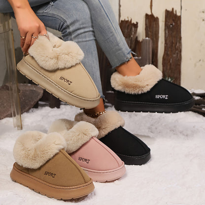 Damen Hausschuhe mit Kunstfell, beige, rosa, schwarz, rutschfest, warm, bequem, Wintermode.