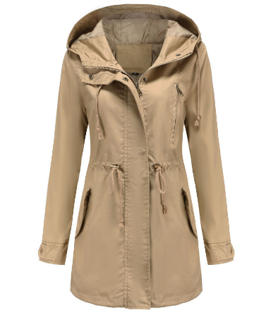 Beige Damenparka mit Kapuze, Kordelzug und Taschen, ideal für Herbstmode.