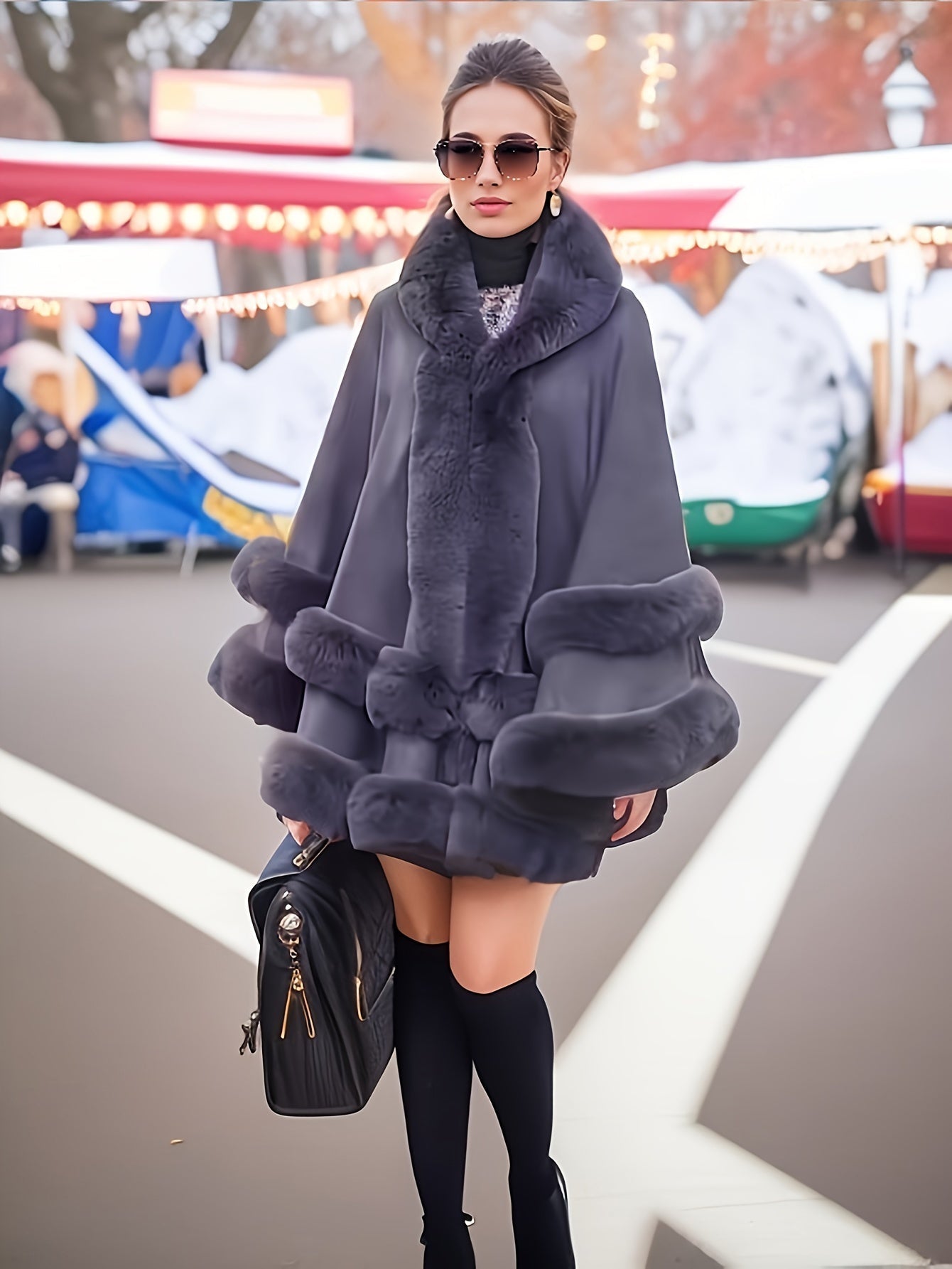 Frau in grauem Pelzmantel, schwarze Stiefel, Sonnenbrille, Handtasche, Wintermode, Straße.