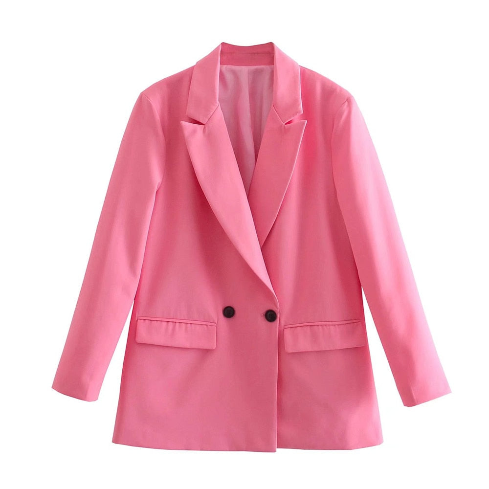 Rosa Damenblazer, zweireihig, eleganter Schnitt, modische Damenbekleidung, Büro-Outfit.