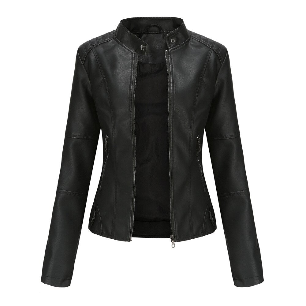Schwarze Damen-PU-Lederjacke mit Stehkragen, Biker-Stil, Frühling.