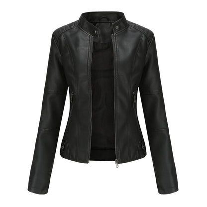 Schwarze Damen-PU-Lederjacke mit Stehkragen, Biker-Stil, Frühling.