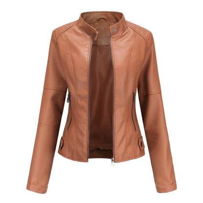 Braune Damen-PU-Lederjacke mit Stehkragen, Reißverschlusstaschen, modisch, Frühling.