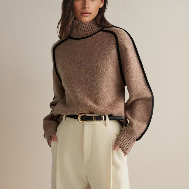 Frau in braunem Rollkragenpullover und beigen Hosen, modisch, elegant, Herbstmode.
