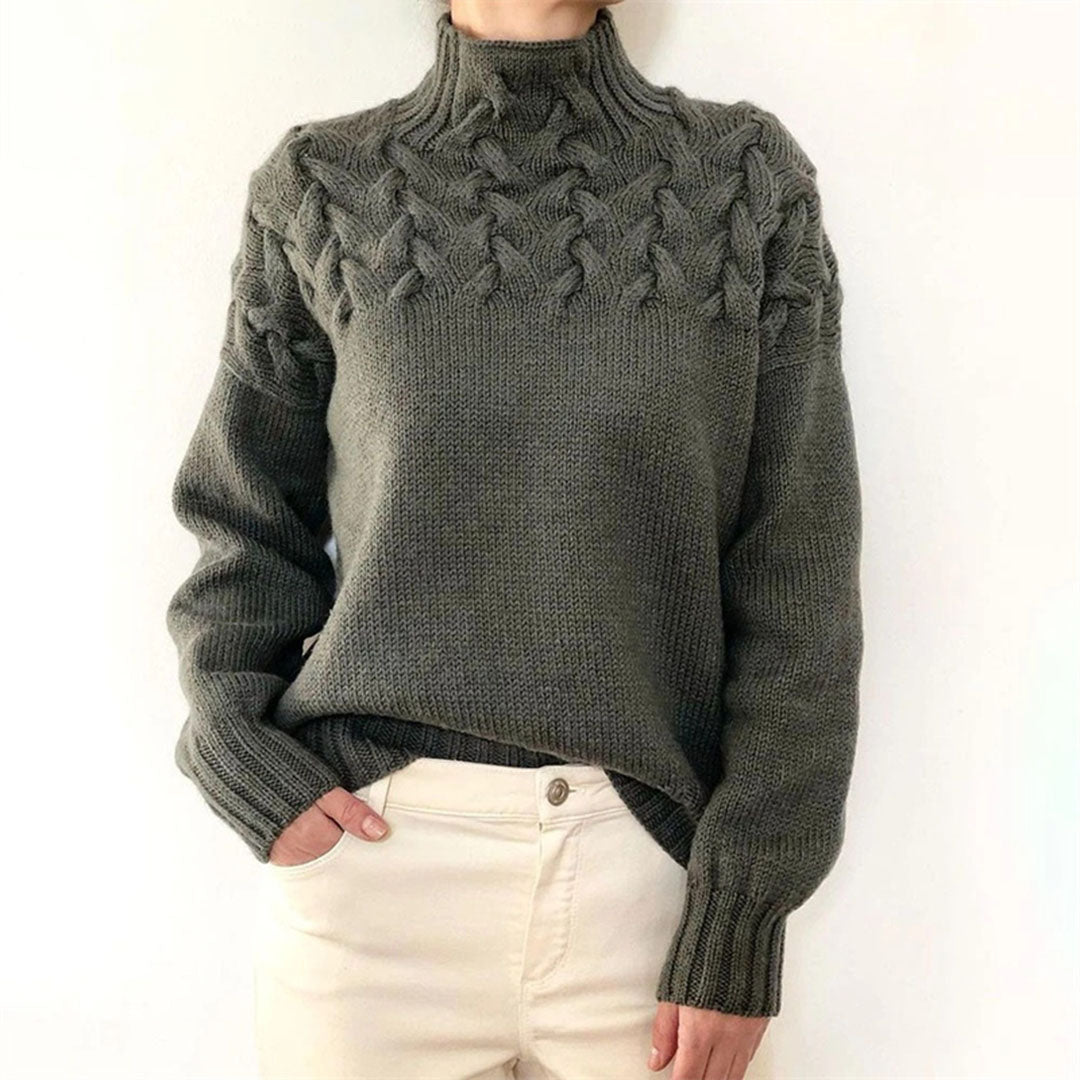 Dunkelgrauer Strickpullover mit Zopfmuster, Damenmode, warm, elegant, Winterkleidung.