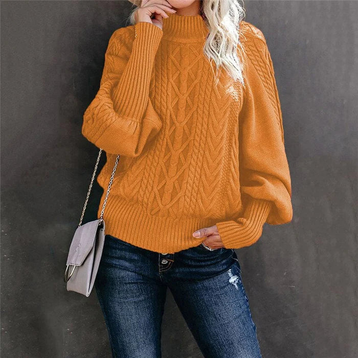 Damenpullover orange Strick, hoher Kragen, modisch, warm, Herbstmode, Freizeitkleidung.
