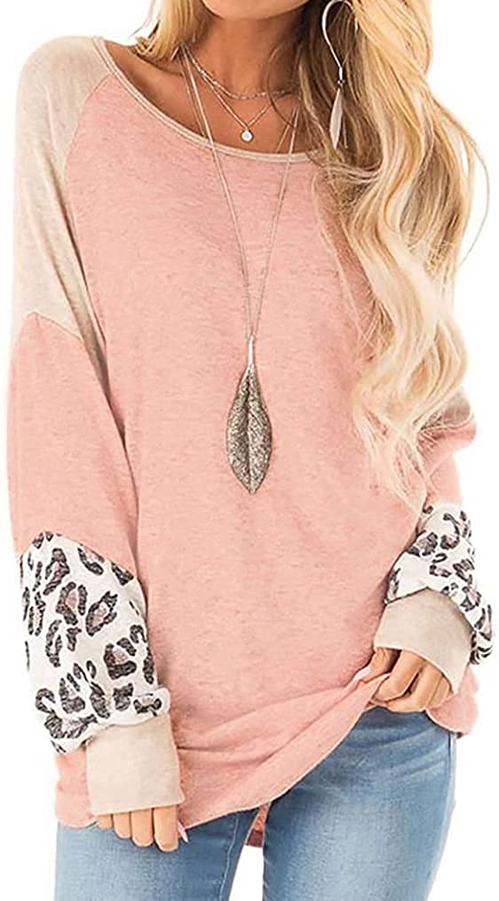 Damen-Pullover rosa, Leopardenmuster-Ärmel, lässig, Baumwolle, Herbstmode, Langarmshirt