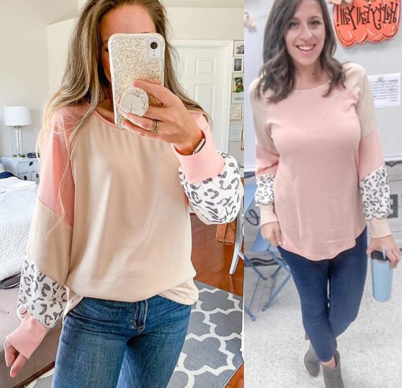 Frau in rosa-beigem Pullover mit Leopardenmuster-Ärmeln, lässige Damenmode, Selfie.