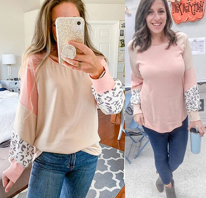 Frau in rosa-beigem Pullover mit Leopardenmuster-Ärmeln, lässige Damenmode, Selfie.
