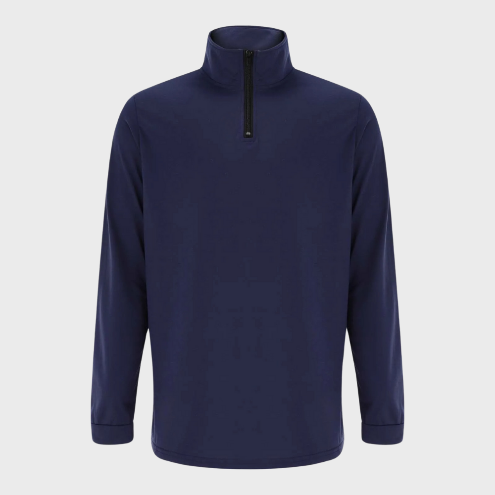 Dunkelblauer Herren-Pullover mit Reißverschluss, Langarm, Stehkragen, Freizeitmode.