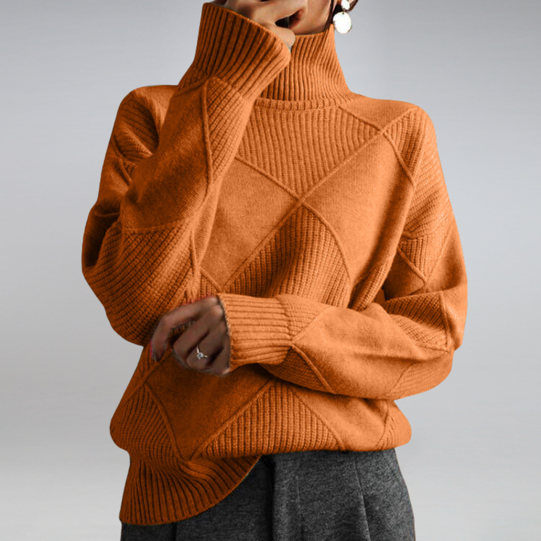 Frau trägt orangefarbenen Rollkragenpullover, Strickmuster, Herbstmode, gemütlich, stilvoll.