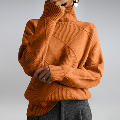 Damen Rollkragenpullover, orange, Strick, geometrisches Muster, Herbstmode, elegant, warm.