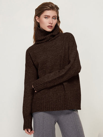Damen Rollkragenpullover, dunkelbraun, Strick, warm, modisch, Herbst-Winter, elegant.