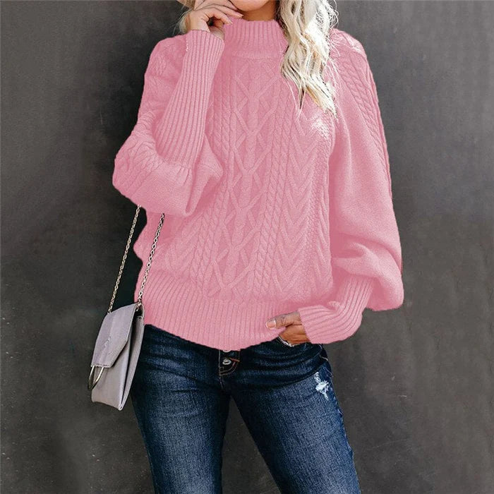 Damenpullover rosa Strick, hoher Kragen, warm, modisch, Herbstmode, Freizeitkleidung.