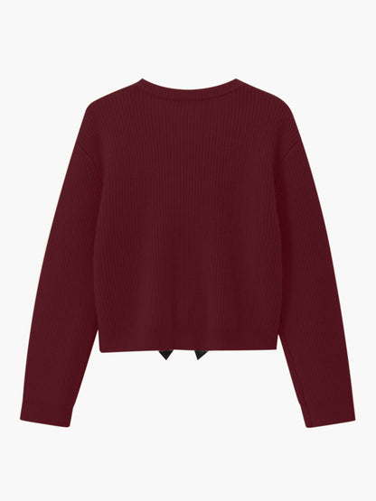 Bordeauxroter Strickpullover Damen, langärmelig, gerippt, modisch, bequem, Herbstmode.