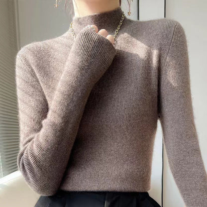 Damenpullover aus Kaschmir, braun, Rollkragen, langärmelig, elegant, Herbstmode.