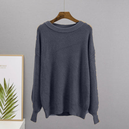 Grauer Strickpullover Damen, langärmelig, Rundhalsausschnitt, gemütlich, modisch, Herbstmode.