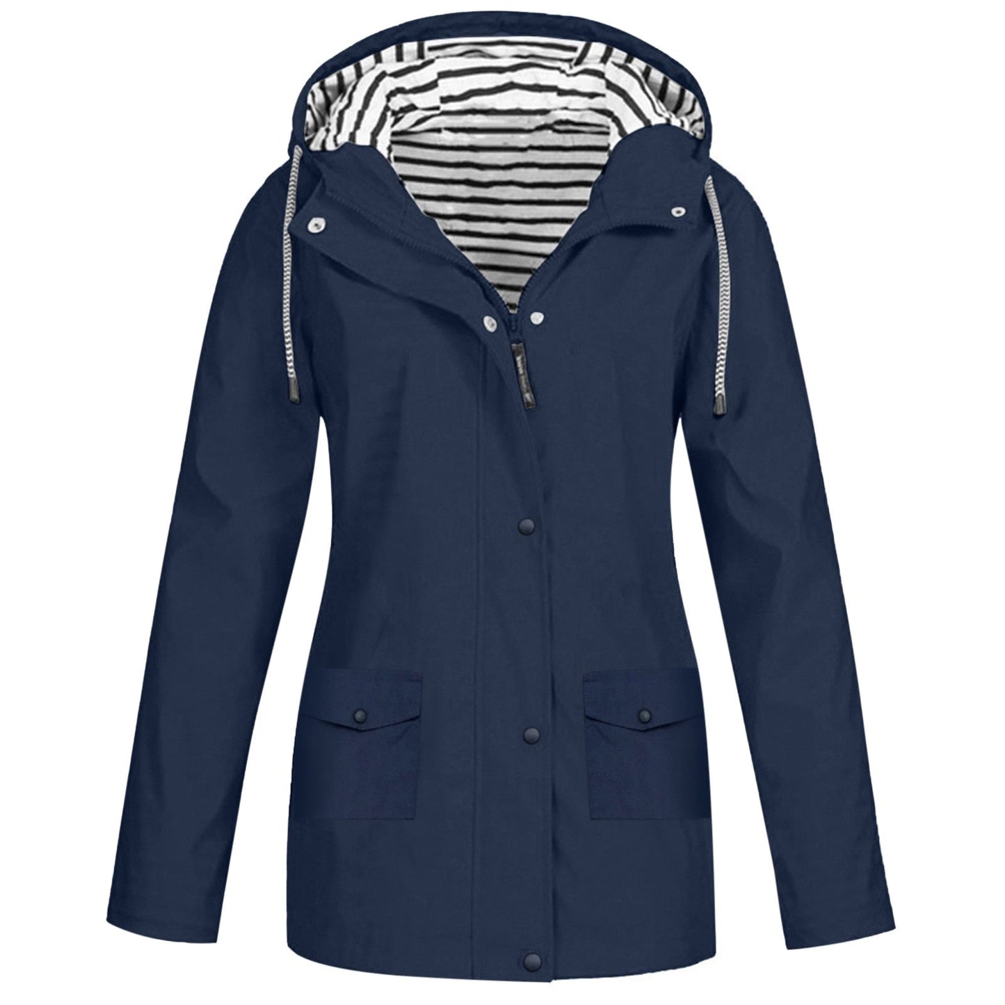 Damen Regenjacke blau, wasserdicht, Kapuze, gestreiftes Innenfutter, Outdoor-Bekleidung.