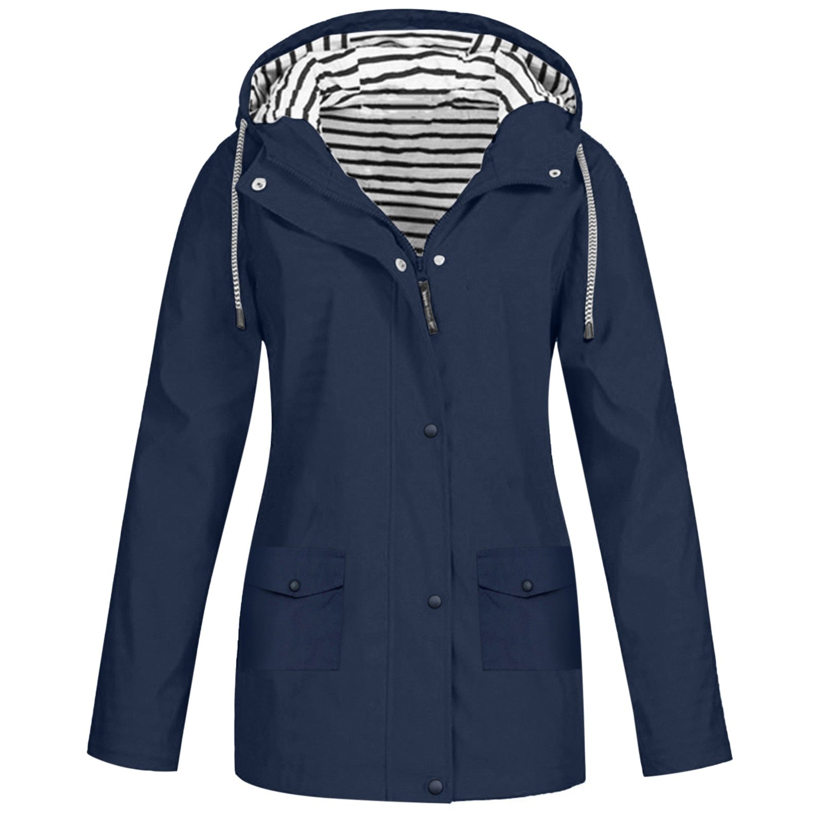 Damen Regenjacke blau, wasserdicht, Kapuze, gestreiftes Innenfutter, Outdoor-Bekleidung.
