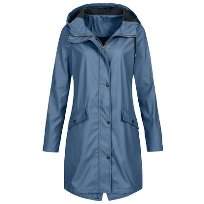 Blaue Damen-Regenjacke mit Kapuze, wasserdicht, lang, ideal für Outdoor-Aktivitäten.