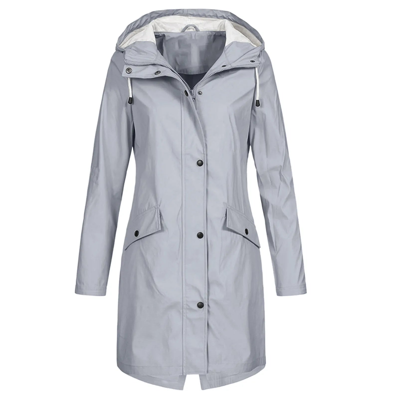 Damen Regenmantel grau, wasserdicht, Kapuze, Taschen, Outdoor-Bekleidung, modisch.