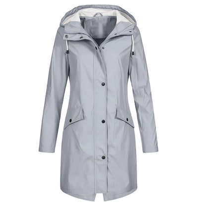 Damen Regenmantel grau, wasserdicht, Kapuze, Taschen, Outdoor-Bekleidung, modisch.