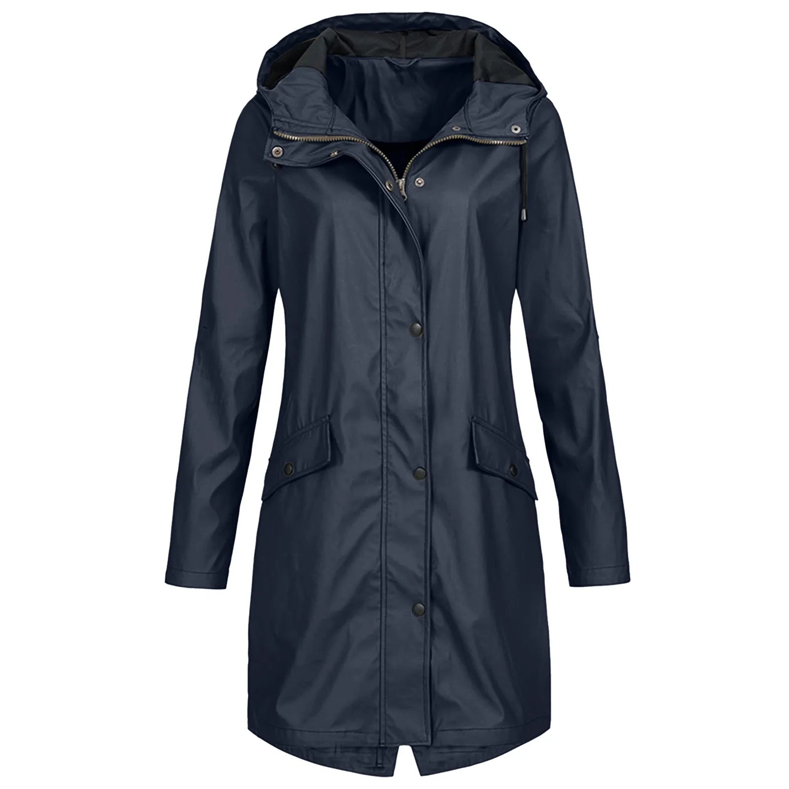 Damen Regenmantel, dunkelblau, wasserdicht, Kapuze, Outdoor-Bekleidung, modisch, funktional.