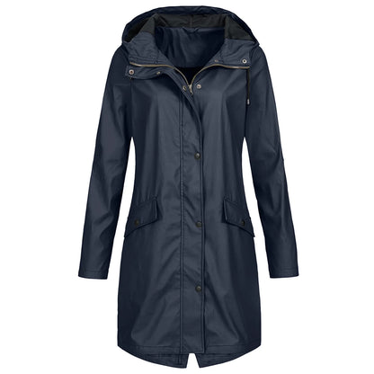 Damen Regenmantel, dunkelblau, wasserdicht, Kapuze, Outdoor-Bekleidung, modisch, funktional.