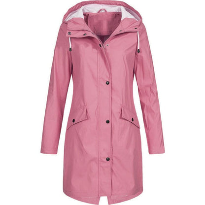 Rosa Damen-Regenmantel mit Kapuze, wasserdicht, modisch, Outdoor-Bekleidung.