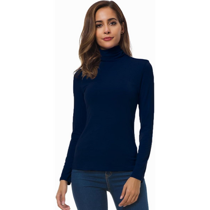 Frau in dunkelblauem Rollkragenpullover, langärmelig, modisch, elegant, Freizeitkleidung.