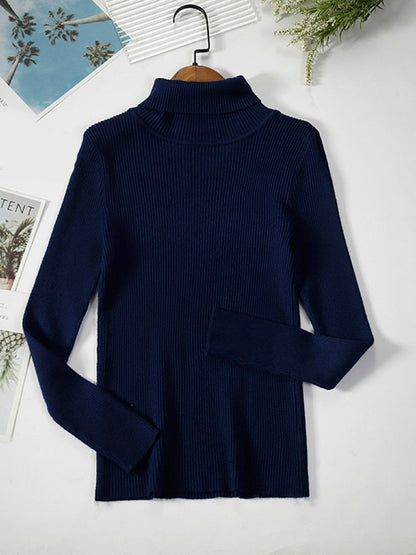 Dunkelblauer Rollkragenpullover aus Strickstoff, langärmelig, elegant und warm.