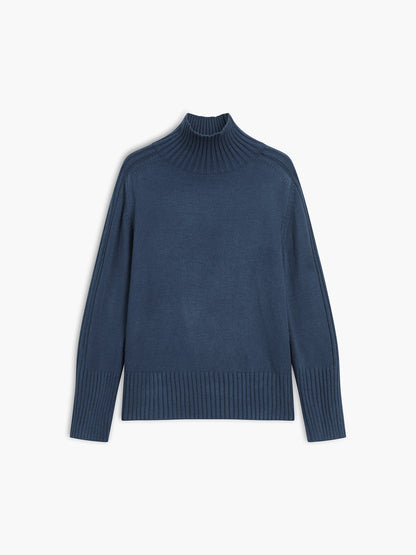 Dunkelblauer Rollkragenpullover aus Wolle, langärmelig, für Damen, elegantes Design.
