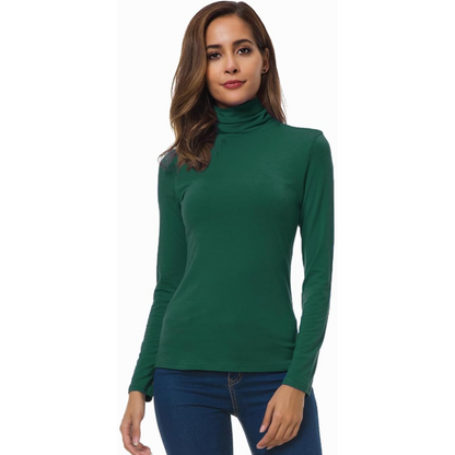 Grüner Rollkragenpullover Damen, langärmelig, Baumwolle, modisch, Herbstmode, bequem.