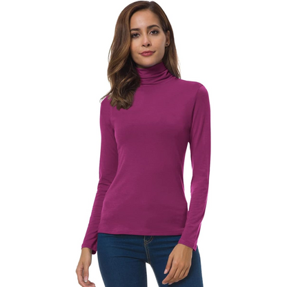 Frau in lila Rollkragenpullover, langärmelig, modisch, bequem, Herbstmode, Damenbekleidung.