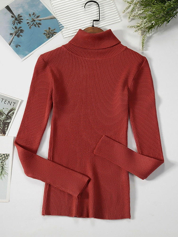 Roter Rollkragenpullover Damen, gerippt, langärmelig, Herbstmode, Baumwolle.
