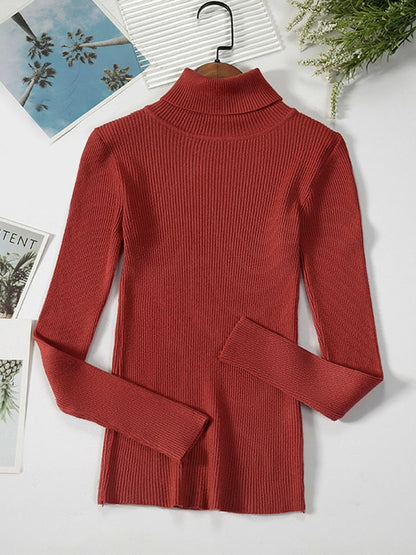 Roter Rollkragenpullover Damen, gerippt, langärmelig, Herbstmode, Baumwolle.