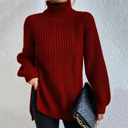Damen Rollkragenpullover, rot, Strick, langärmelig, seitlicher Schlitz, Wintermode.