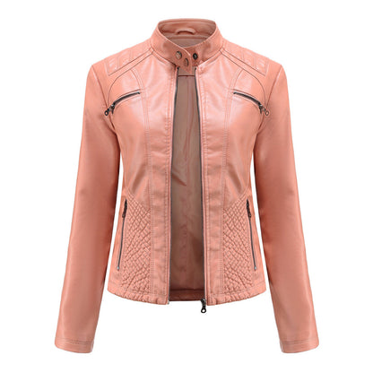 Damen Lederjacke rosa, Reißverschlüsse, Stehkragen, modisch, elegant, Biker-Stil.
