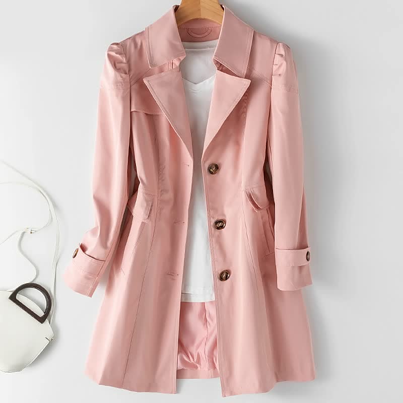 Damen Trenchcoat rosa, Knöpfe, klassisch, elegant, Herbstmode, Baumwolle, Mantel, stilvoll.
