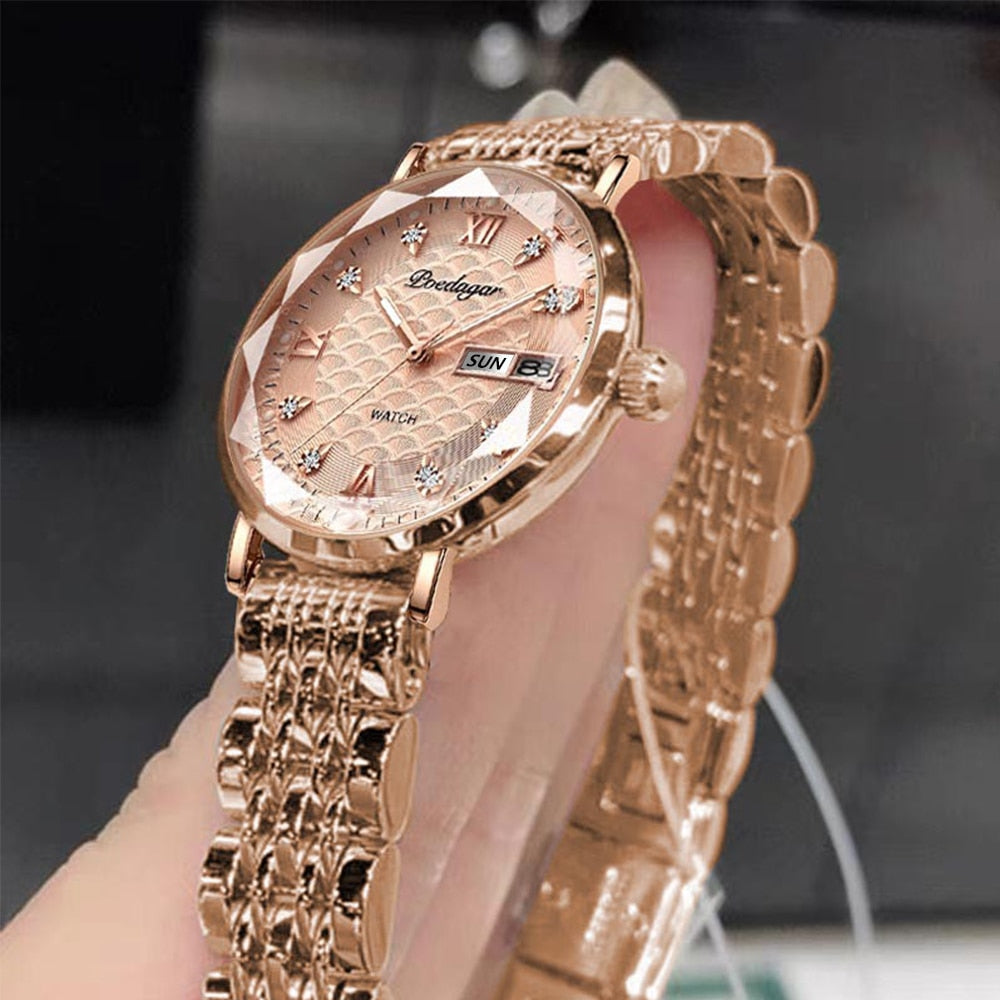 Luxus-Damenarmbanduhr, roségold, Edelstahl, römische Ziffern, Datum, elegantes Design