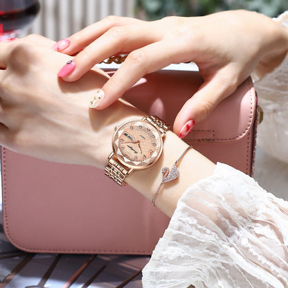 Damenarmbanduhr Roségold, elegantes Design, Lederarmband, modisches Accessoire, Uhrzeit.