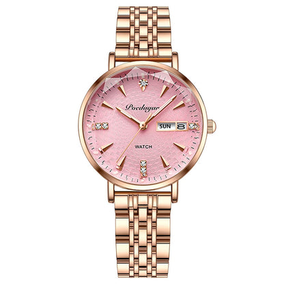 Roségoldene Damenarmbanduhr mit rosa Zifferblatt, Datumsanzeige und Strasssteinen.