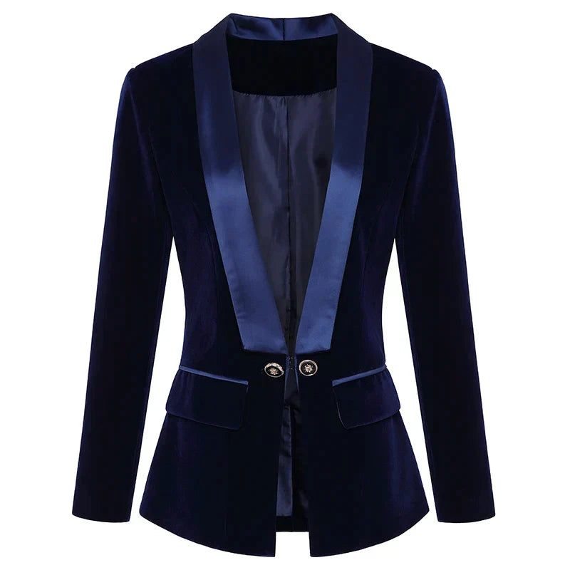 Damen Samtblazer, dunkelblau, langärmelig, Designer, 2024, eleganter Look, modische Jacke.