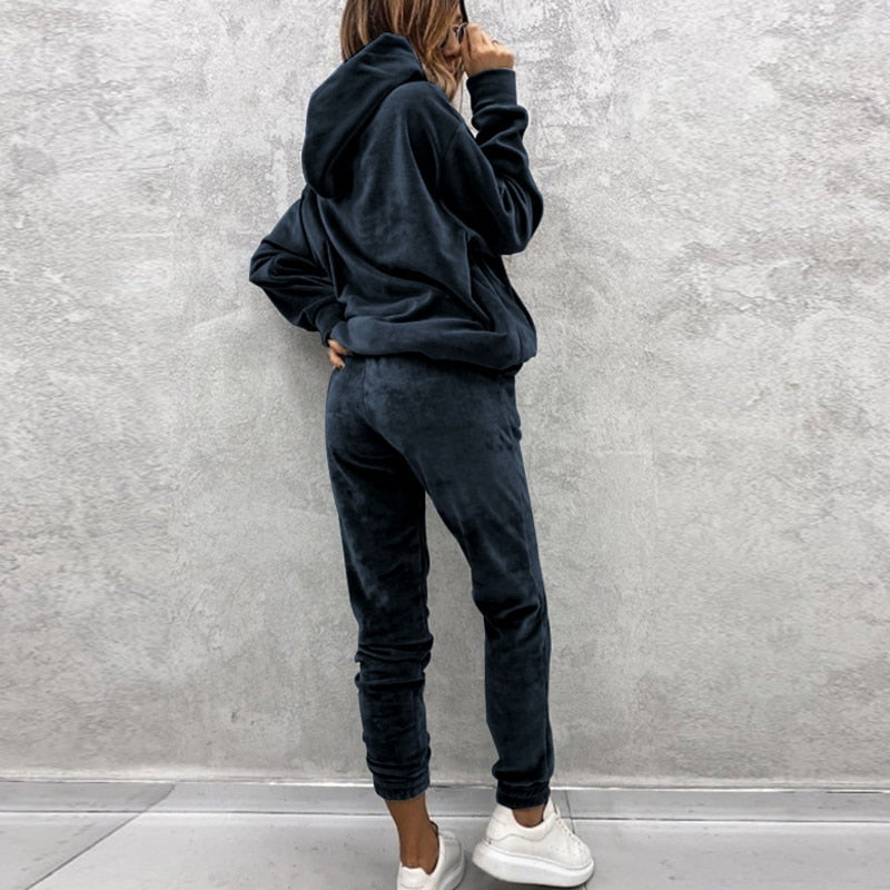 Damen-Fleece-Trainingsanzug, dunkelgrau, Kapuzenpullover und Jogginghose, bequem, modisch