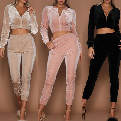 Damen Samt Jogginganzug Set, Reißverschluss, Langarm, in Beige, Rosa, Schwarz, Freizeitmode.